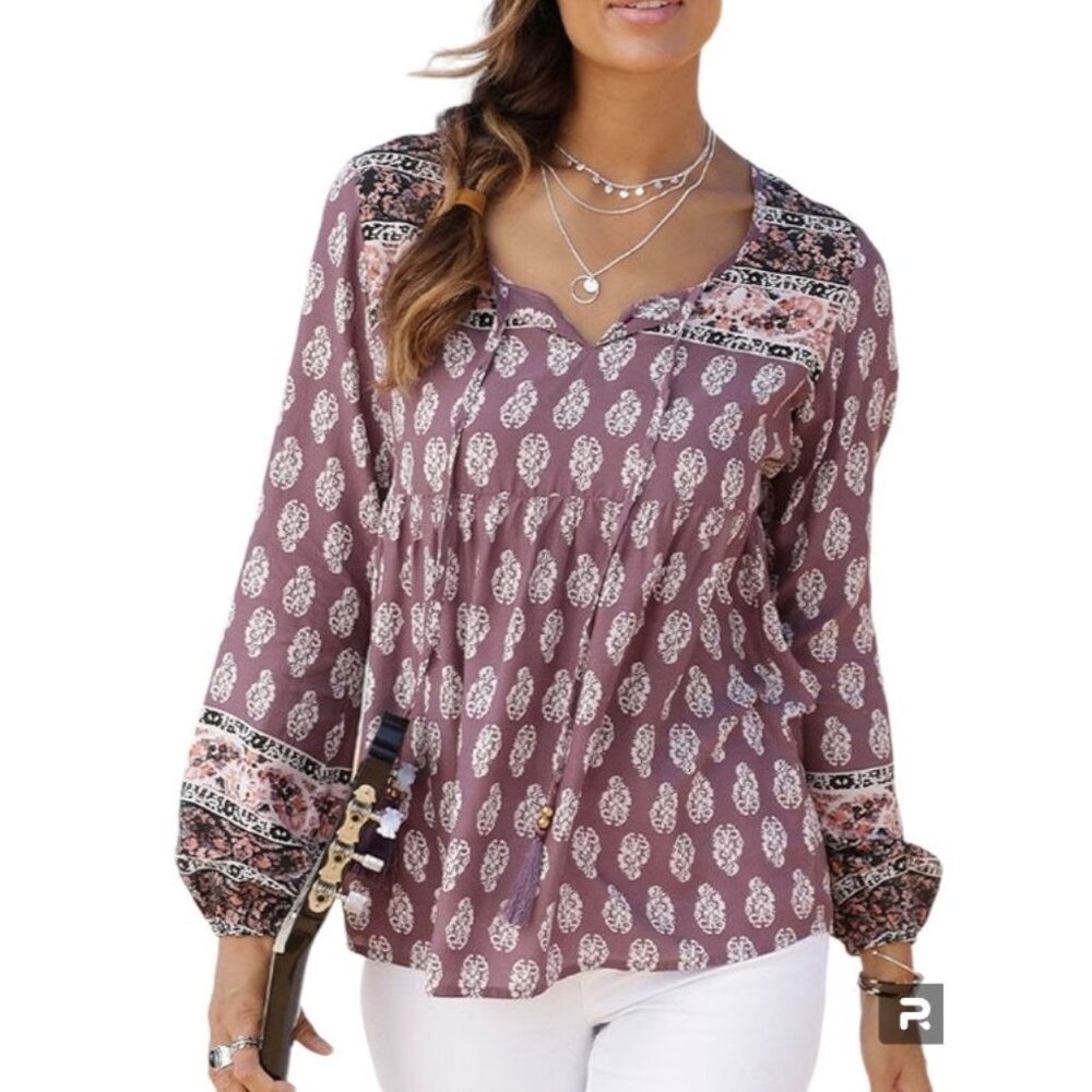 Boho Print Mauve Peasant Blouse - Women